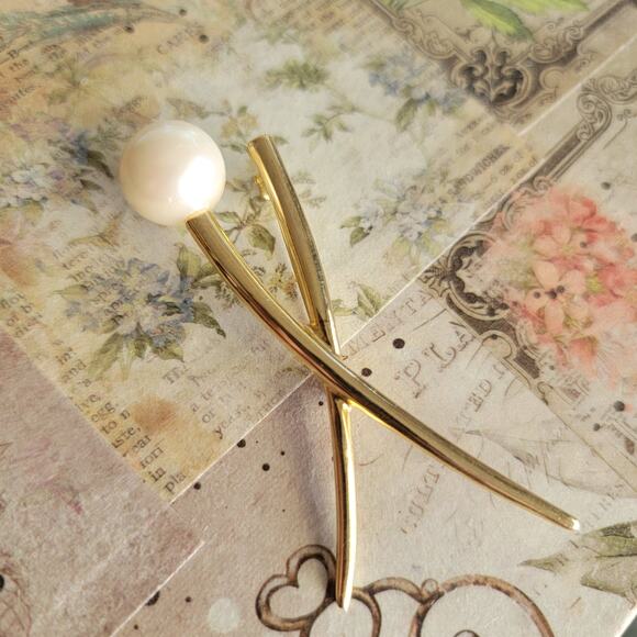 Brooch Women Vintage Pin Modernist Gold Tone Pearl Abstract Sculptural Brooch - Picture 3 of 10